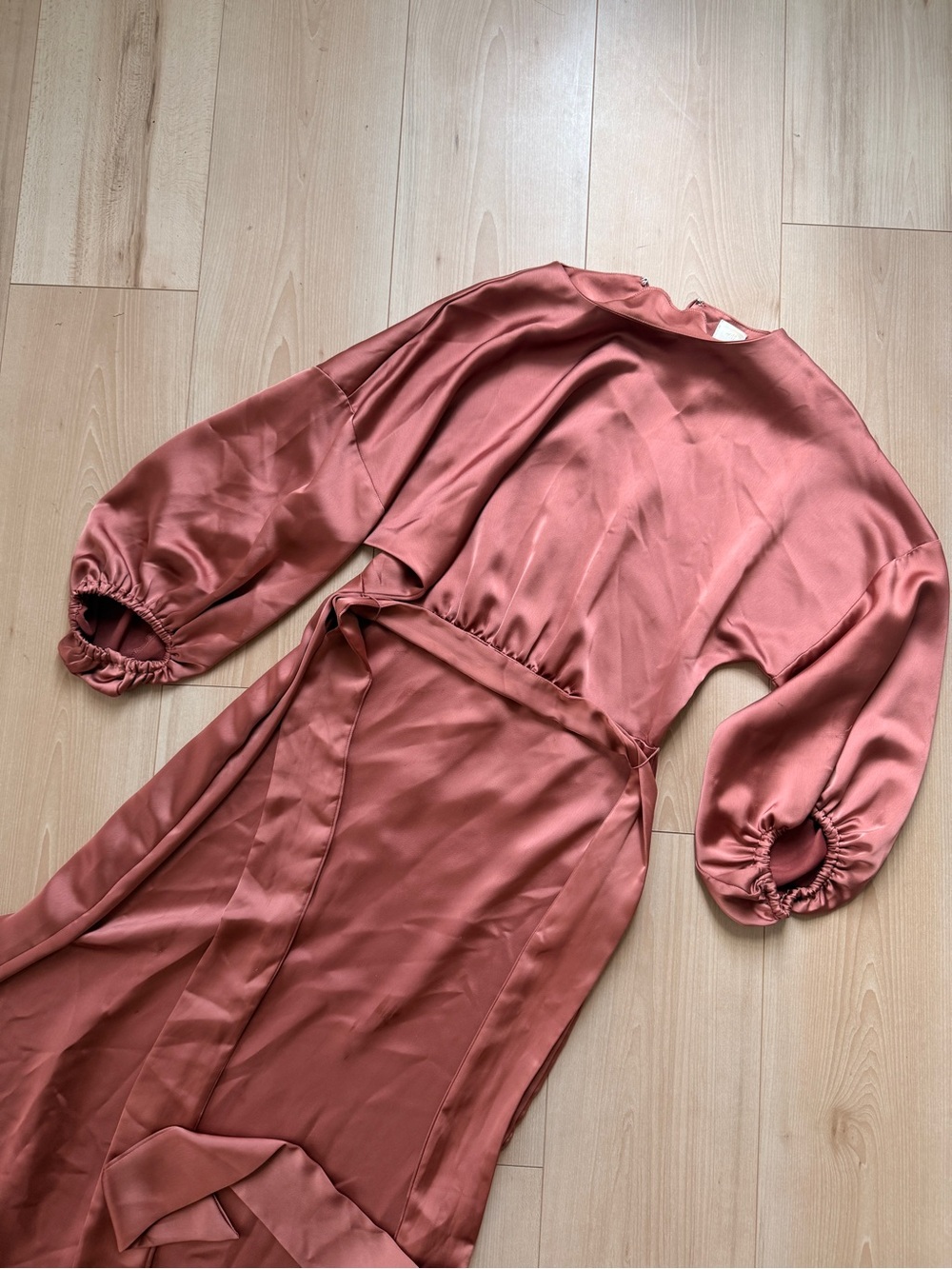Satin Rust Long Sleeve Wrap Modest Dress